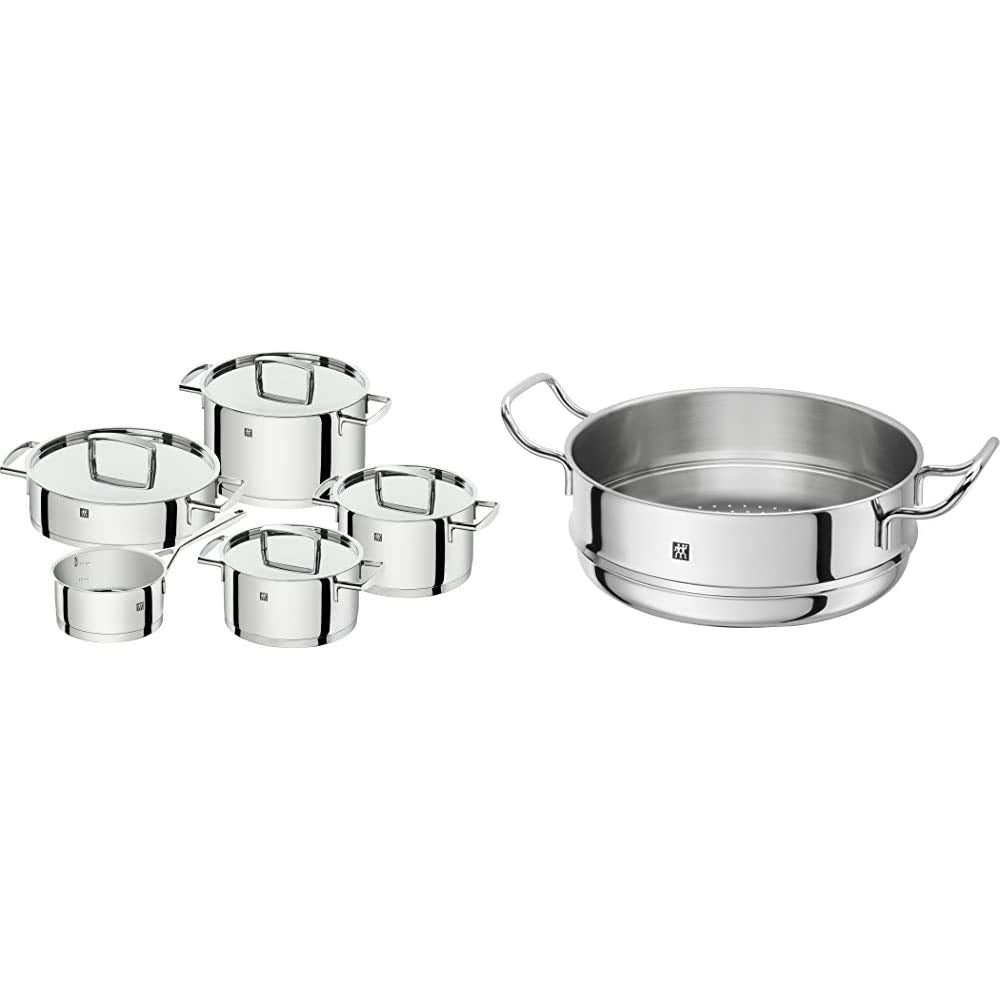 ZWILLING Batería de Cocina de 5 Piezas, 4 Tapas, Apto para Inducción, Acero Inoxidable, Passion, Color Gris Brillante, Ø 16cm, Ø 20 cm, Ø 24 cm, Ø 28 cm