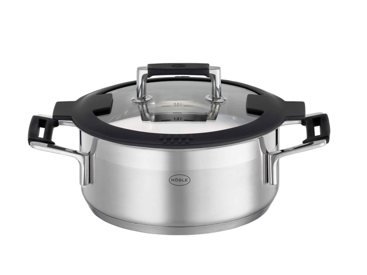 RÖSLE SILENCE PRO Batería de Cocina de 4 piezas, Juego de Ollas Universal con 3 Ollas y 1 Cacerola, Acero Inoxidable 18/10, Tapa de Cristal Apto para Inducción y Lavavajillas
