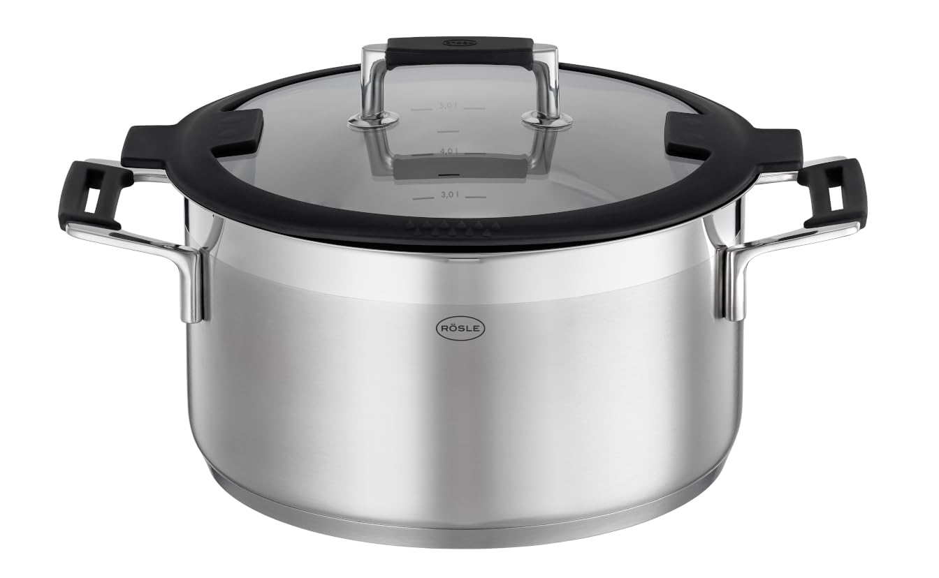 RÖSLE SILENCE PRO Batería de Cocina de 4 piezas, Juego de Ollas Universal con 3 Ollas y 1 Cacerola, Acero Inoxidable 18/10, Tapa de Cristal Apto para Inducción y Lavavajillas