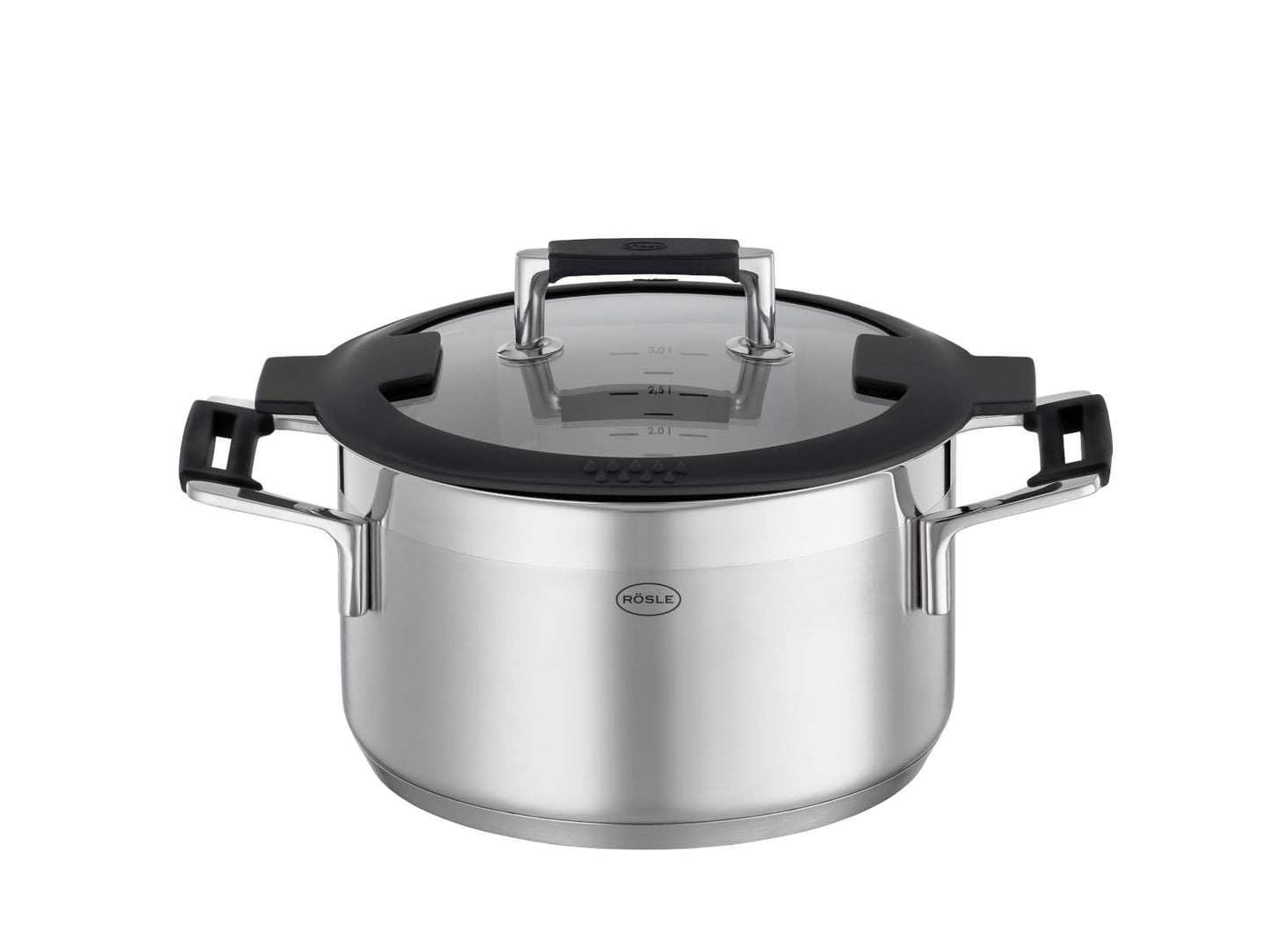RÖSLE SILENCE PRO Batería de Cocina de 4 piezas, Juego de Ollas Universal con 3 Ollas y 1 Cacerola, Acero Inoxidable 18/10, Tapa de Cristal Apto para Inducción y Lavavajillas