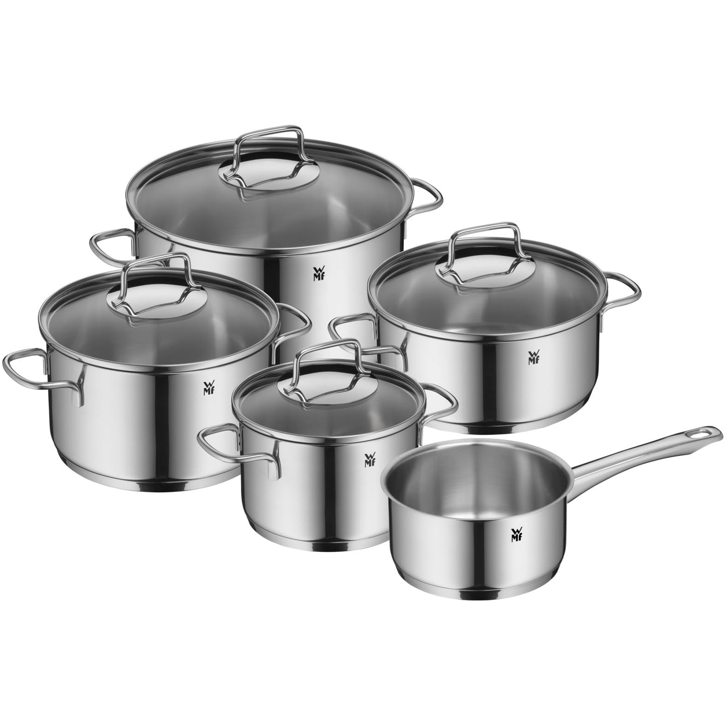 WMF Astoria Batería de Cocina (5 Piezas), Cristal, Acero Inoxidable Cromargan, Apta para Todo Tipo de cocinas Incluso inducción