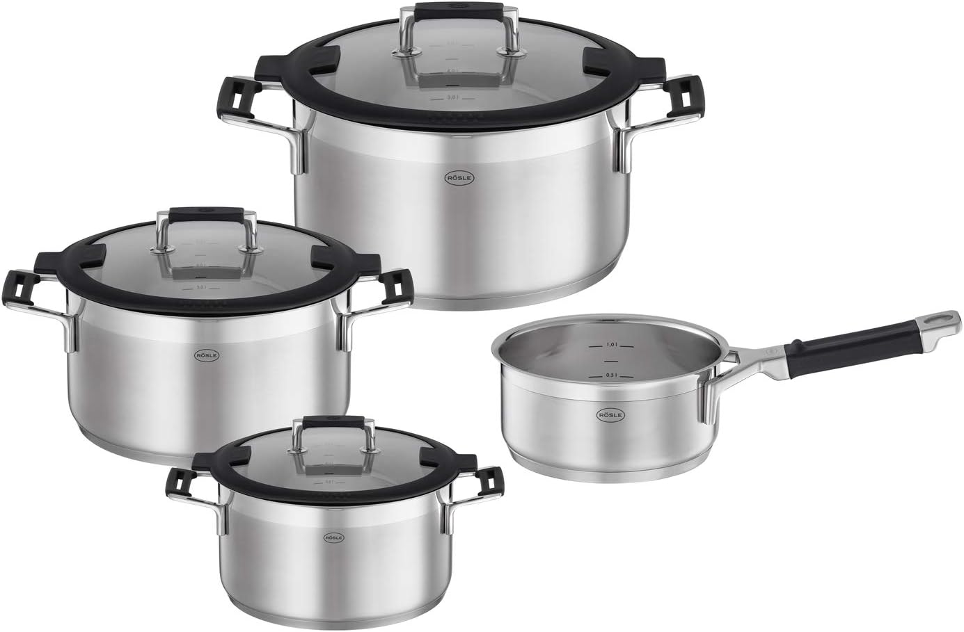 RÖSLE SILENCE PRO Batería de Cocina de 4 piezas, Juego de Ollas Universal con 3 Ollas y 1 Cacerola, Acero Inoxidable 18/10, Tapa de Cristal Apto para Inducción y Lavavajillas