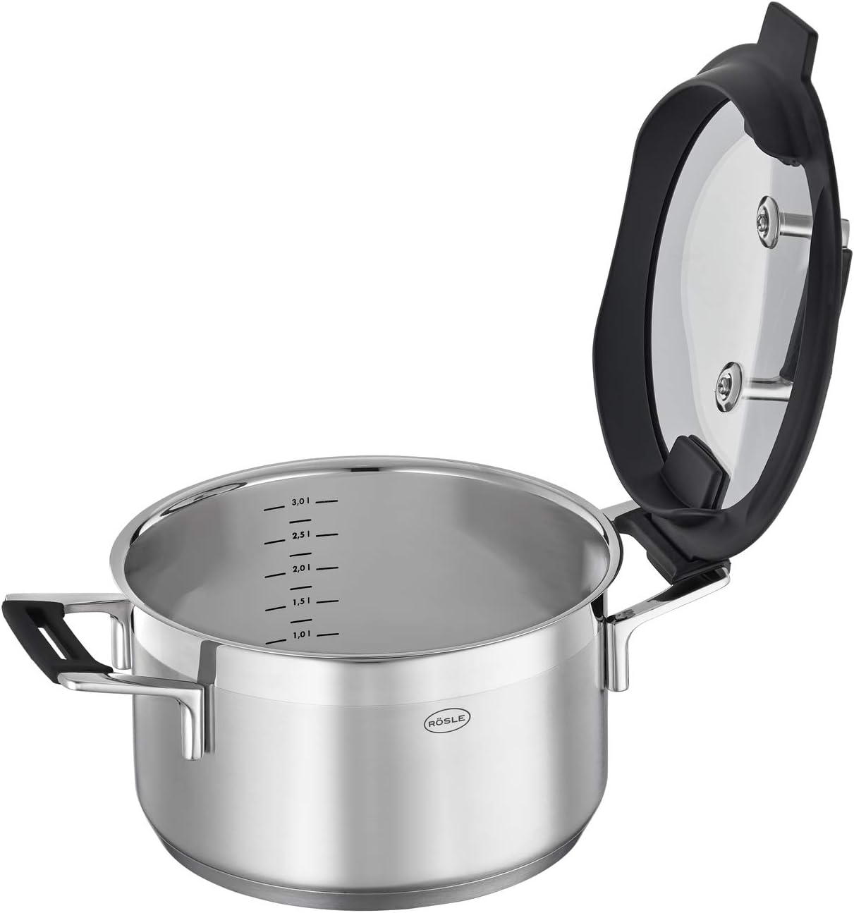 RÖSLE SILENCE PRO Batería de Cocina de 4 piezas, Juego de Ollas Universal con 3 Ollas y 1 Cacerola, Acero Inoxidable 18/10, Tapa de Cristal Apto para Inducción y Lavavajillas