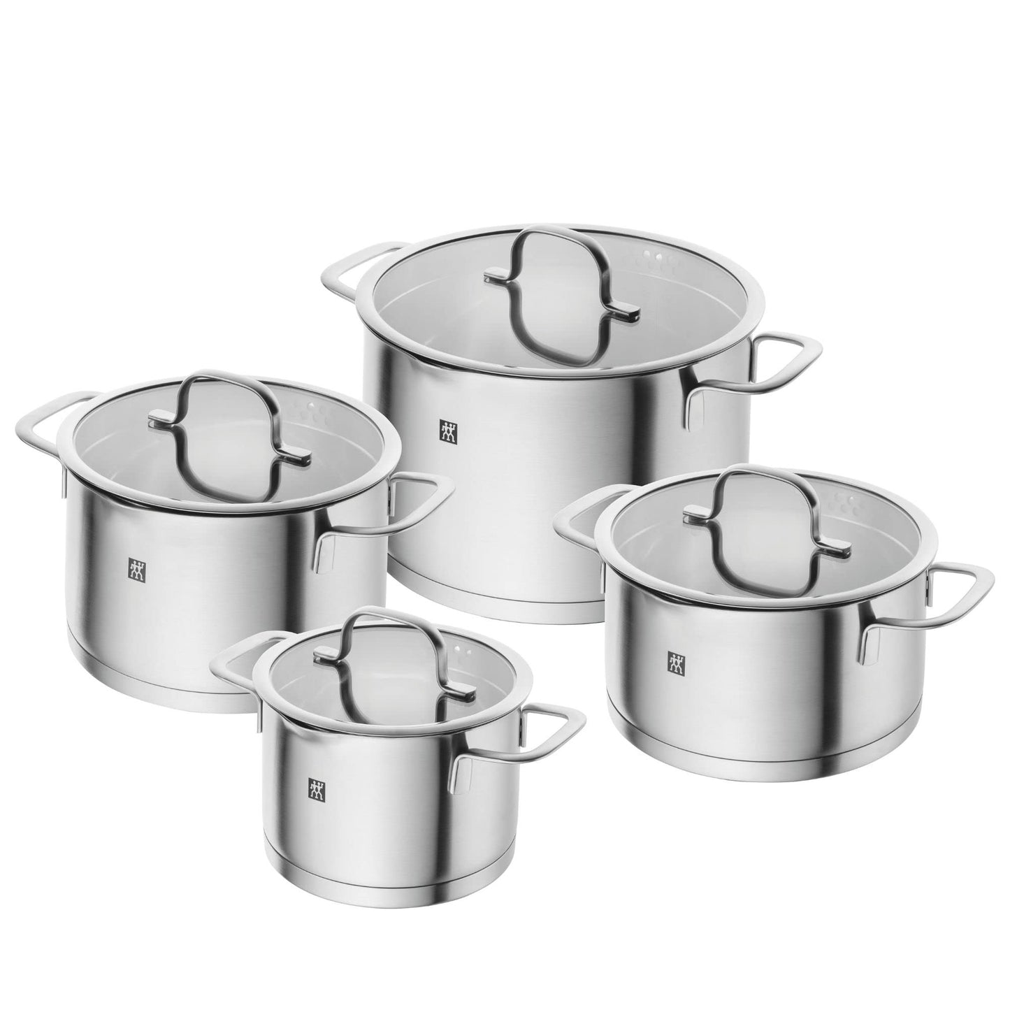 ZWILLING TrueFlow - Batería de cocina (5 piezas, con colador integrado en la tapa de cristal, apta para inducción, sin revestimiento, acero inoxidable)