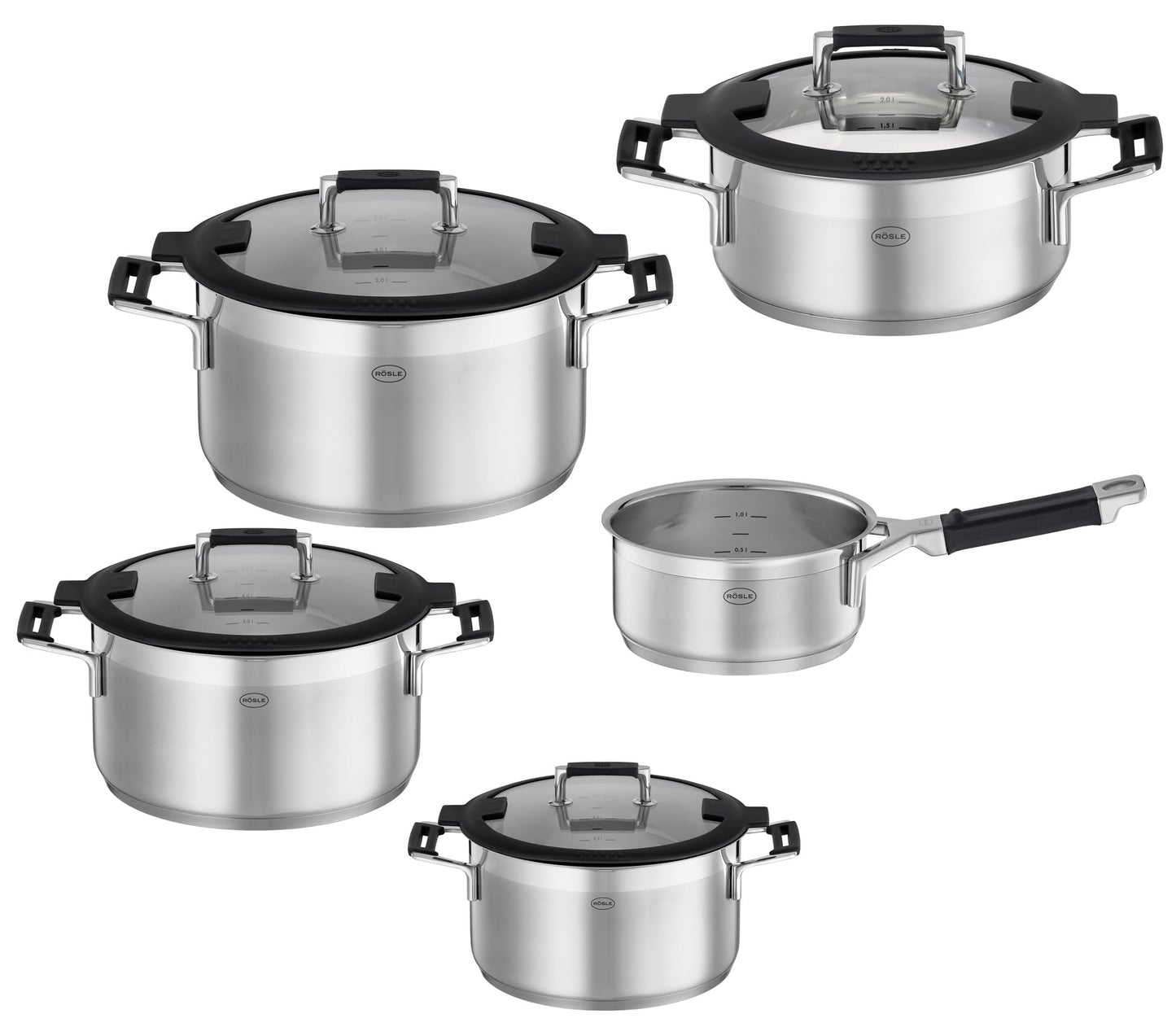 RÖSLE SILENCE PRO Batería de Cocina de 4 piezas, Juego de Ollas Universal con 3 Ollas y 1 Cacerola, Acero Inoxidable 18/10, Tapa de Cristal Apto para Inducción y Lavavajillas