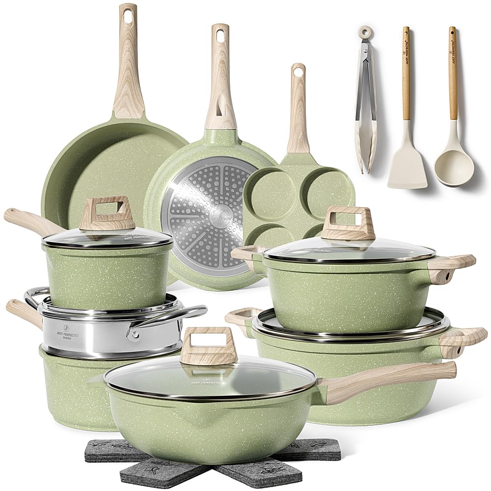 Just Perfecto Juego de Ollas y Sartenes Cocina Antiadherentes 21 Piezas, Batería de Cocina Antiadherentes Aluminio, para Todas las Cocinas, Incluso Inducción, Ollas Cocina con Tapas (21 Pcs Biege)