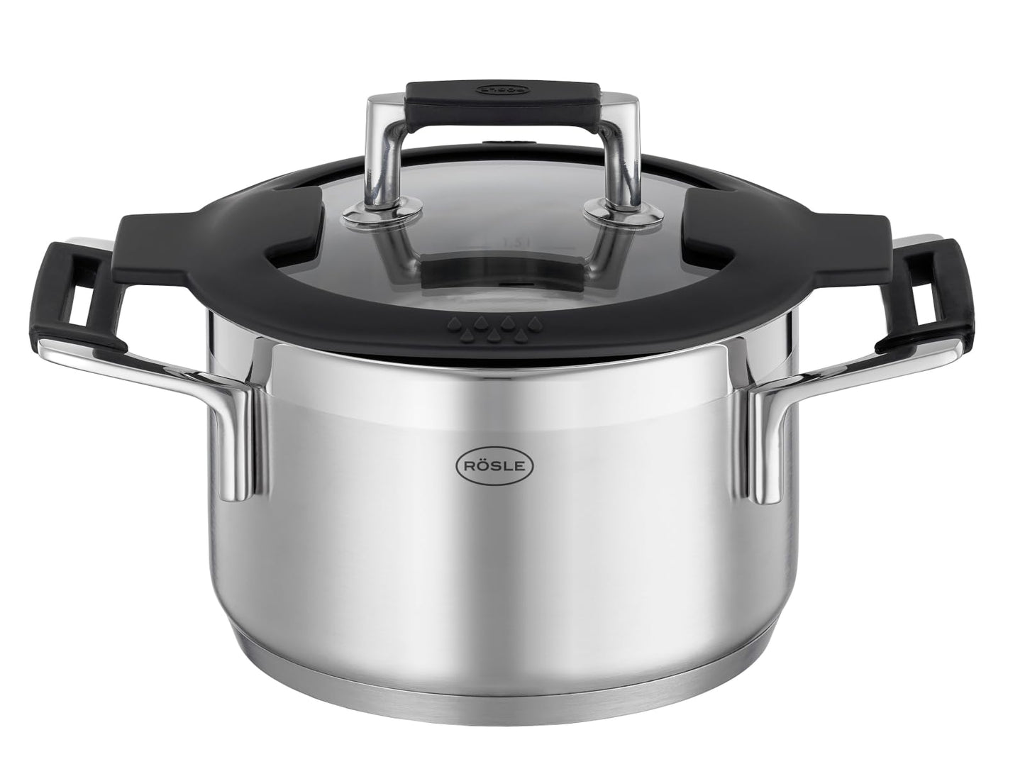RÖSLE SILENCE PRO Batería de Cocina de 4 piezas, Juego de Ollas Universal con 3 Ollas y 1 Cacerola, Acero Inoxidable 18/10, Tapa de Cristal Apto para Inducción y Lavavajillas