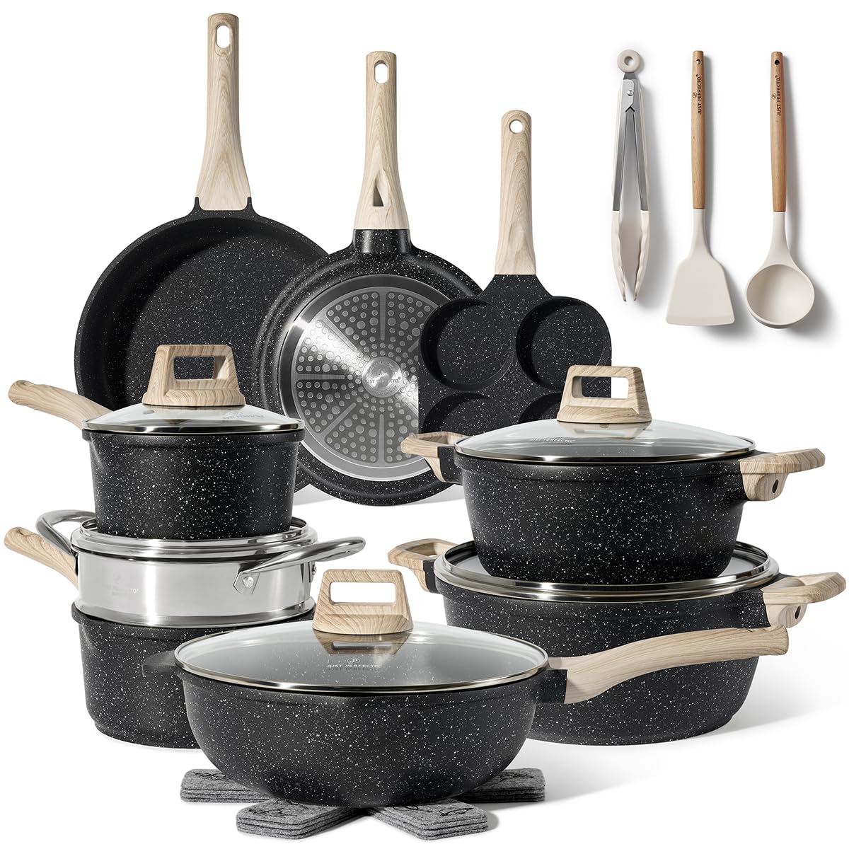 Just Perfecto Juego de Ollas y Sartenes Cocina Antiadherentes 21 Piezas, Batería de Cocina Antiadherentes Aluminio, para Todas las Cocinas, Incluso Inducción, Ollas Cocina con Tapas (21 Pcs Biege)