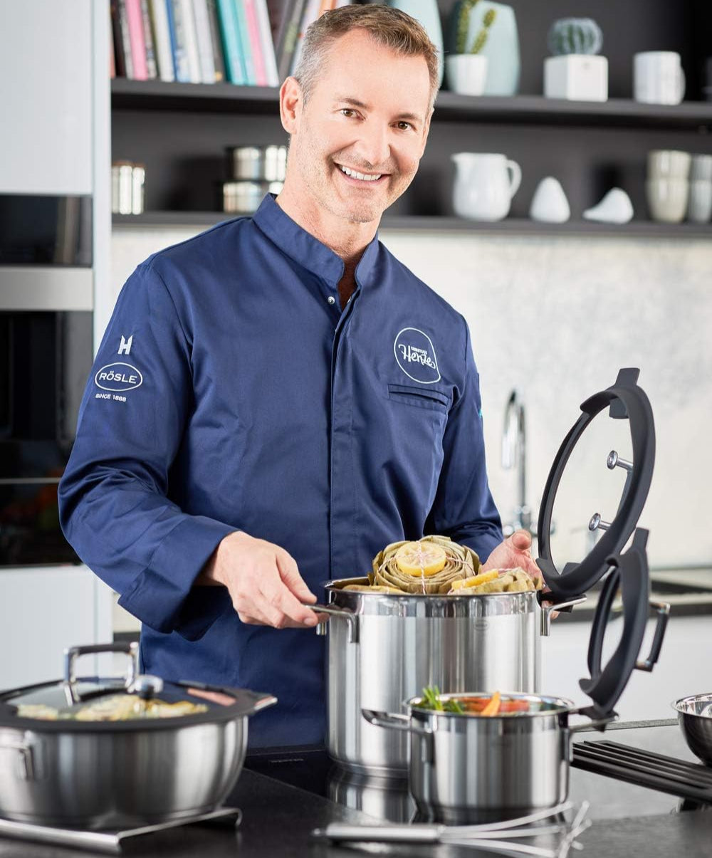 RÖSLE SILENCE PRO Batería de Cocina de 4 piezas, Juego de Ollas Universal con 3 Ollas y 1 Cacerola, Acero Inoxidable 18/10, Tapa de Cristal Apto para Inducción y Lavavajillas