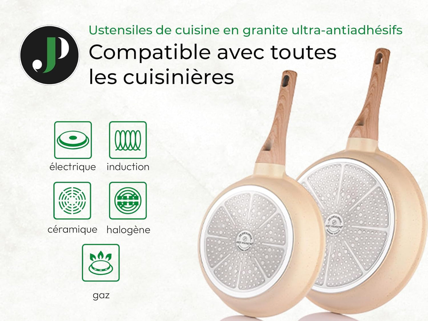 Just Perfecto Juego de Ollas y Sartenes Cocina Antiadherentes 21 Piezas, Batería de Cocina Antiadherentes Aluminio, para Todas las Cocinas, Incluso Inducción, Ollas Cocina con Tapas (21 Pcs Biege)