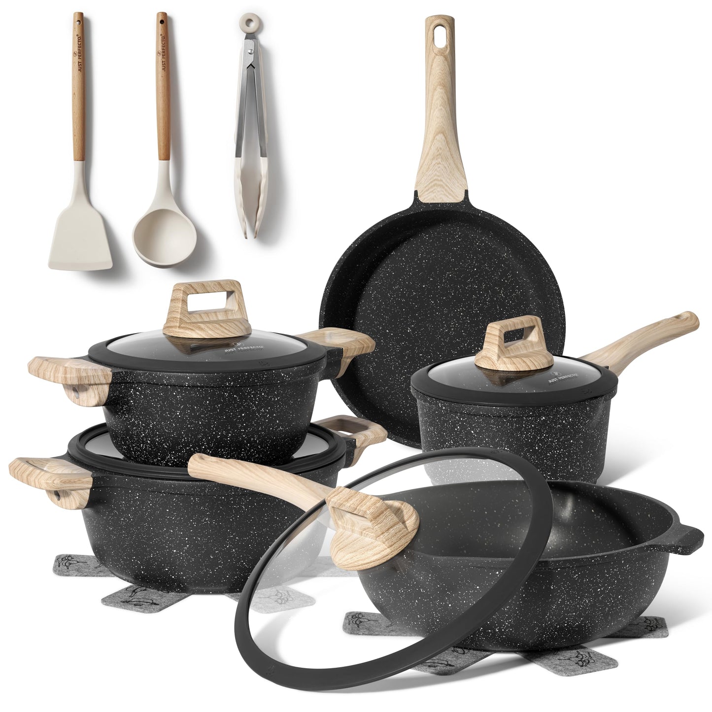Just Perfecto Juego de Ollas y Sartenes Cocina Antiadherentes 21 Piezas, Batería de Cocina Antiadherentes Aluminio, para Todas las Cocinas, Incluso Inducción, Ollas Cocina con Tapas (21 Pcs Biege)