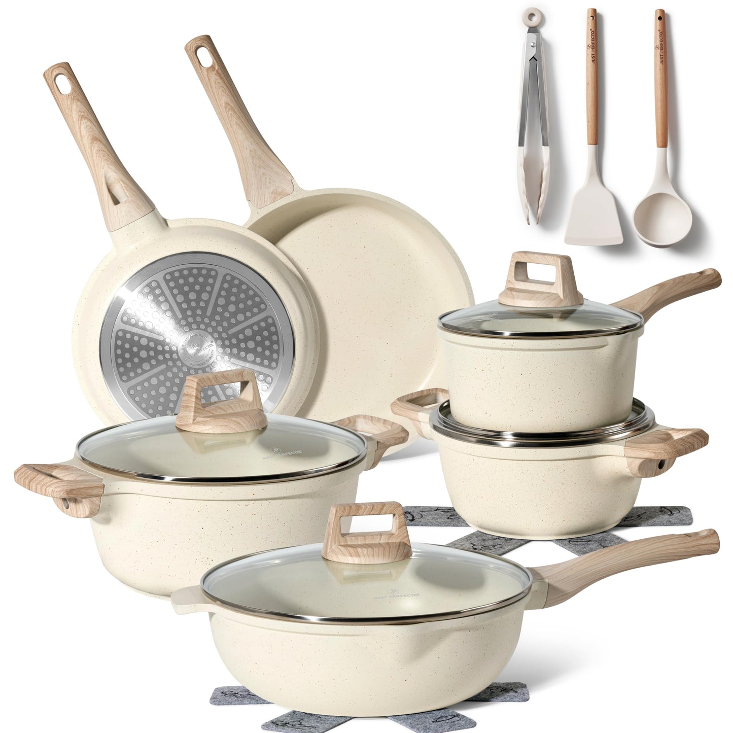 Just Perfecto Juego de Ollas y Sartenes Cocina Antiadherentes 21 Piezas, Batería de Cocina Antiadherentes Aluminio, para Todas las Cocinas, Incluso Inducción, Ollas Cocina con Tapas (21 Pcs Biege)