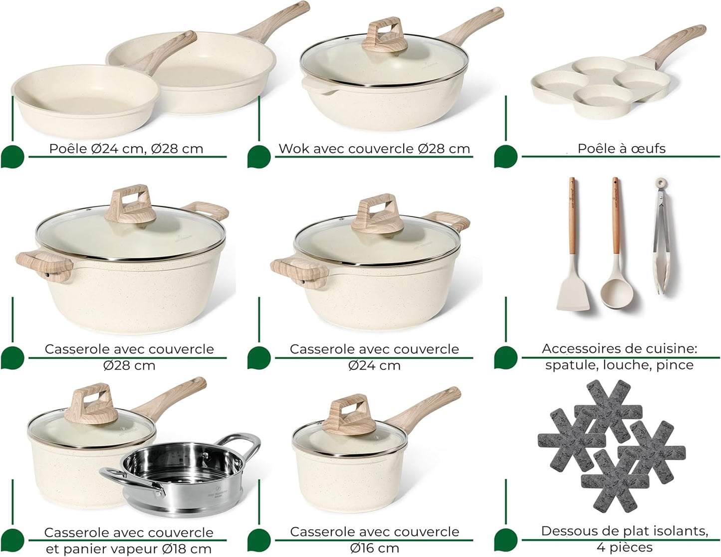 Just Perfecto Juego de Ollas y Sartenes Cocina Antiadherentes 21 Piezas, Batería de Cocina Antiadherentes Aluminio, para Todas las Cocinas, Incluso Inducción, Ollas Cocina con Tapas (21 Pcs Biege)