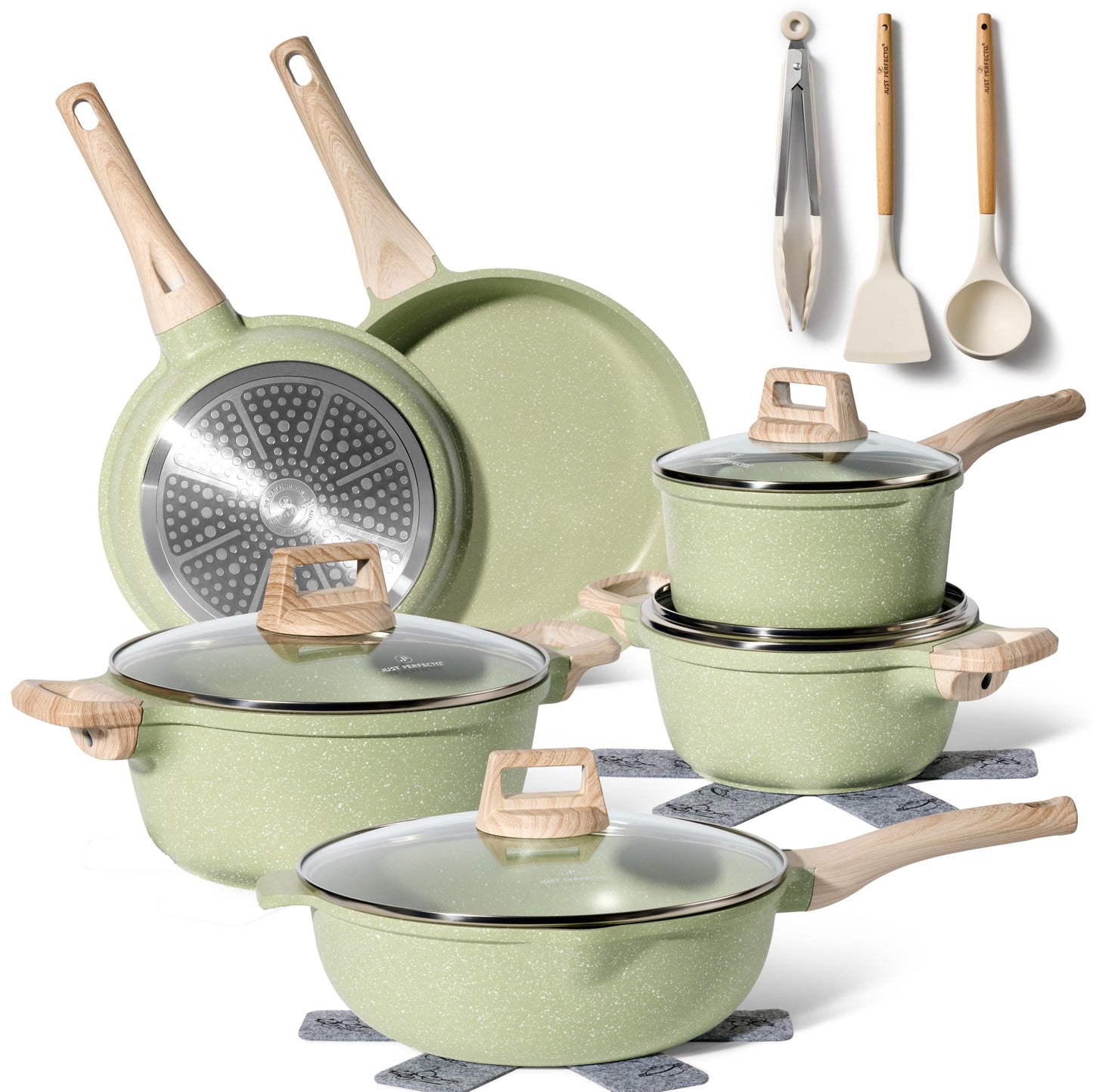 Just Perfecto Juego de Ollas y Sartenes Cocina Antiadherentes 21 Piezas, Batería de Cocina Antiadherentes Aluminio, para Todas las Cocinas, Incluso Inducción, Ollas Cocina con Tapas (21 Pcs Biege)