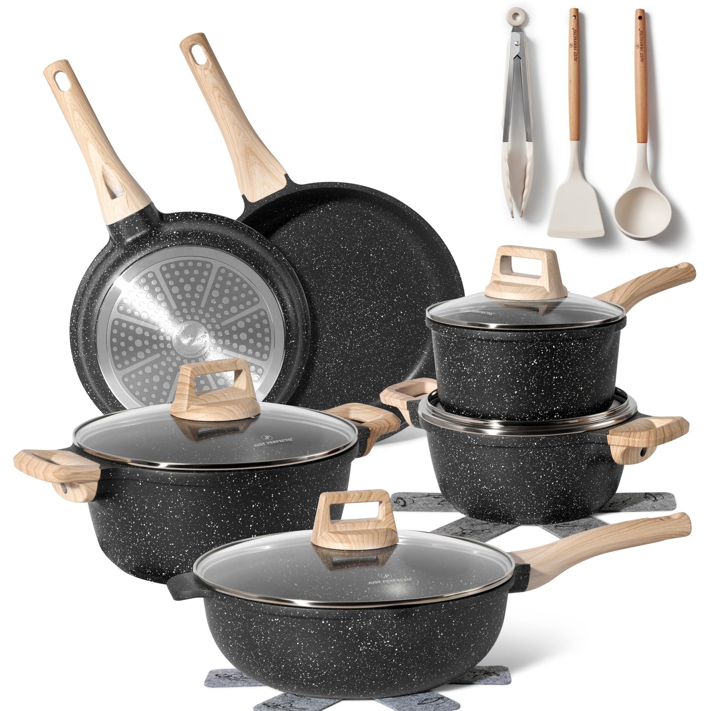 Just Perfecto Juego de Ollas y Sartenes Cocina Antiadherentes 21 Piezas, Batería de Cocina Antiadherentes Aluminio, para Todas las Cocinas, Incluso Inducción, Ollas Cocina con Tapas (21 Pcs Biege)
