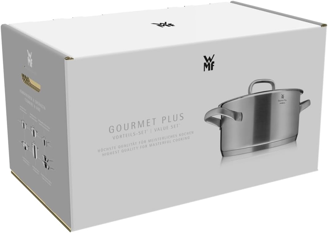 WMF Gourmet Plus - Batería de Cocina 5 Piezas, Acero Inoxidable Apto para Inducción, 1 Cacerola Baja de 20 cm, 3 Cacerolas Altas de 16 cm, 20 cm y 24 cm, 1 Cazo 16 cm con 4 Tapas de Acero Inoxidable