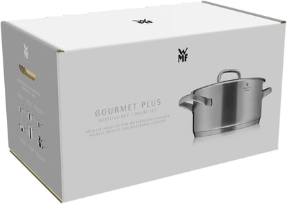 WMF Gourmet Plus - Batería de Cocina 5 Piezas, Acero Inoxidable Apto para Inducción, 1 Cacerola Baja de 20 cm, 3 Cacerolas Altas de 16 cm, 20 cm y 24 cm, 1 Cazo 16 cm con 4 Tapas de Acero Inoxidable