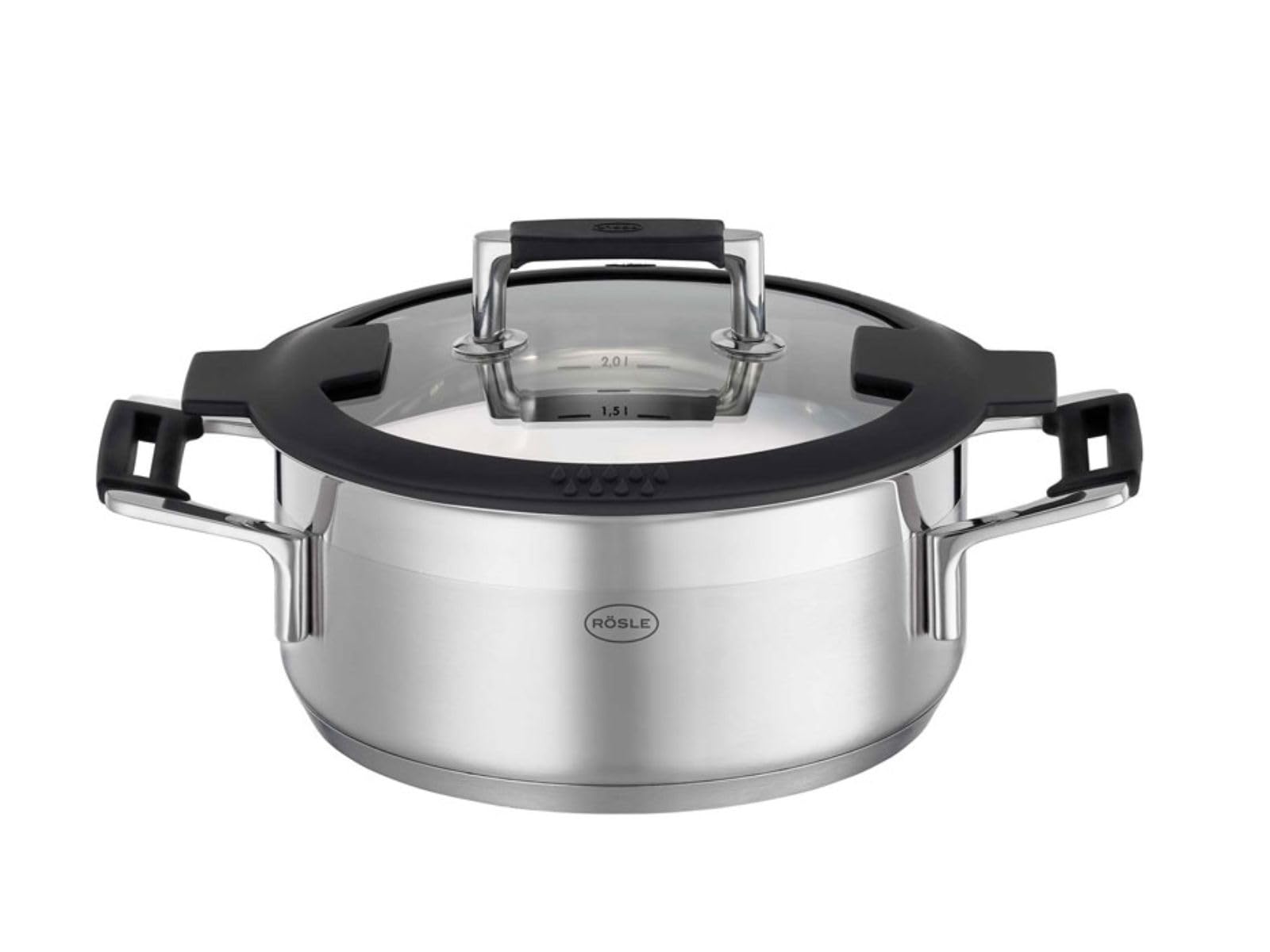 RÖSLE SILENCE PRO Batería de Cocina de 4 piezas, Juego de Ollas Universal con 3 Ollas y 1 Cacerola, Acero Inoxidable 18/10, Tapa de Cristal Apto para Inducción y Lavavajillas