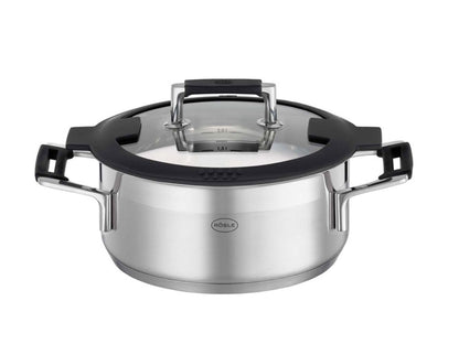 RÖSLE SILENCE PRO Batería de Cocina de 4 piezas, Juego de Ollas Universal con 3 Ollas y 1 Cacerola, Acero Inoxidable 18/10, Tapa de Cristal Apto para Inducción y Lavavajillas
