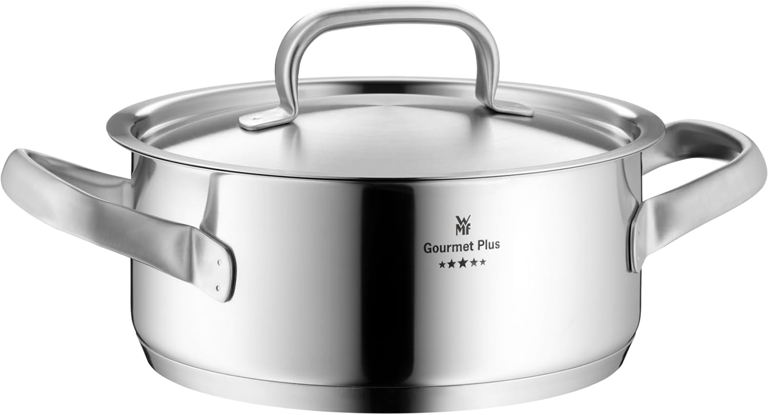 WMF Gourmet Plus - Batería de Cocina 5 Piezas, Acero Inoxidable Apto para Inducción, 1 Cacerola Baja de 20 cm, 3 Cacerolas Altas de 16 cm, 20 cm y 24 cm, 1 Cazo 16 cm con 4 Tapas de Acero Inoxidable
