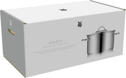 WMF Aparto - Juego de cacerolas para inducción (5 piezas, con tapa de cristal, acero inoxidable Cromargan pulido, sin recubrimiento, aptas para todo tipo de fuegos, sin escala, apto para lavavajillas)