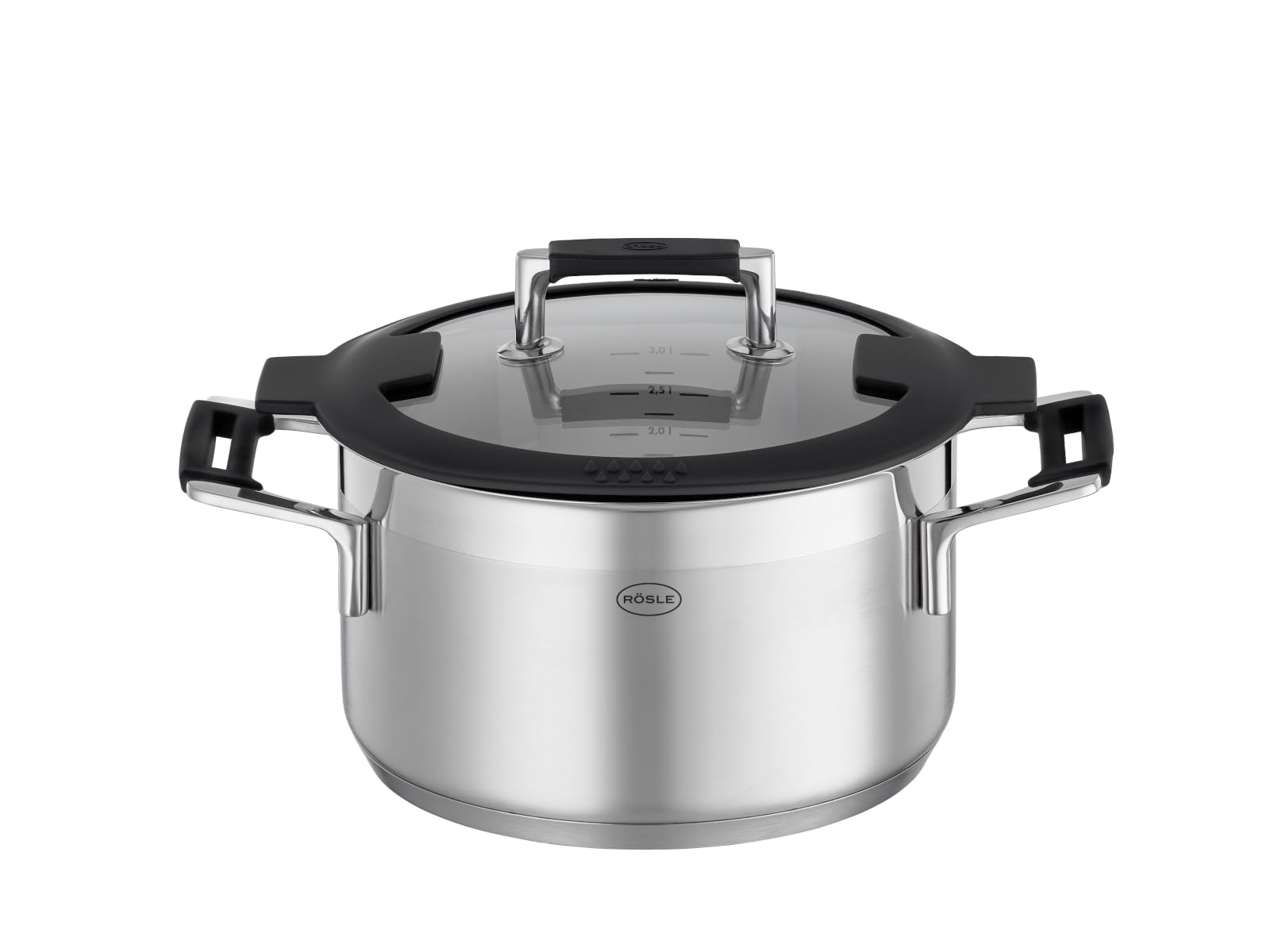 RÖSLE SILENCE PRO Batería de Cocina de 4 piezas, Juego de Ollas Universal con 3 Ollas y 1 Cacerola, Acero Inoxidable 18/10, Tapa de Cristal Apto para Inducción y Lavavajillas