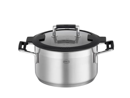 RÖSLE SILENCE PRO Batería de Cocina de 4 piezas, Juego de Ollas Universal con 3 Ollas y 1 Cacerola, Acero Inoxidable 18/10, Tapa de Cristal Apto para Inducción y Lavavajillas
