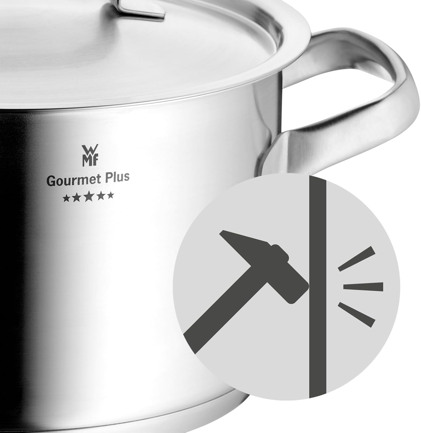 WMF Gourmet Plus - Batería de Cocina 5 Piezas, Acero Inoxidable Apto para Inducción, 1 Cacerola Baja de 20 cm, 3 Cacerolas Altas de 16 cm, 20 cm y 24 cm, 1 Cazo 16 cm con 4 Tapas de Acero Inoxidable