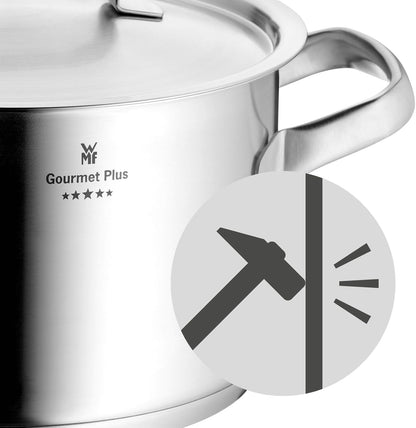 WMF Gourmet Plus - Batería de Cocina 5 Piezas, Acero Inoxidable Apto para Inducción, 1 Cacerola Baja de 20 cm, 3 Cacerolas Altas de 16 cm, 20 cm y 24 cm, 1 Cazo 16 cm con 4 Tapas de Acero Inoxidable