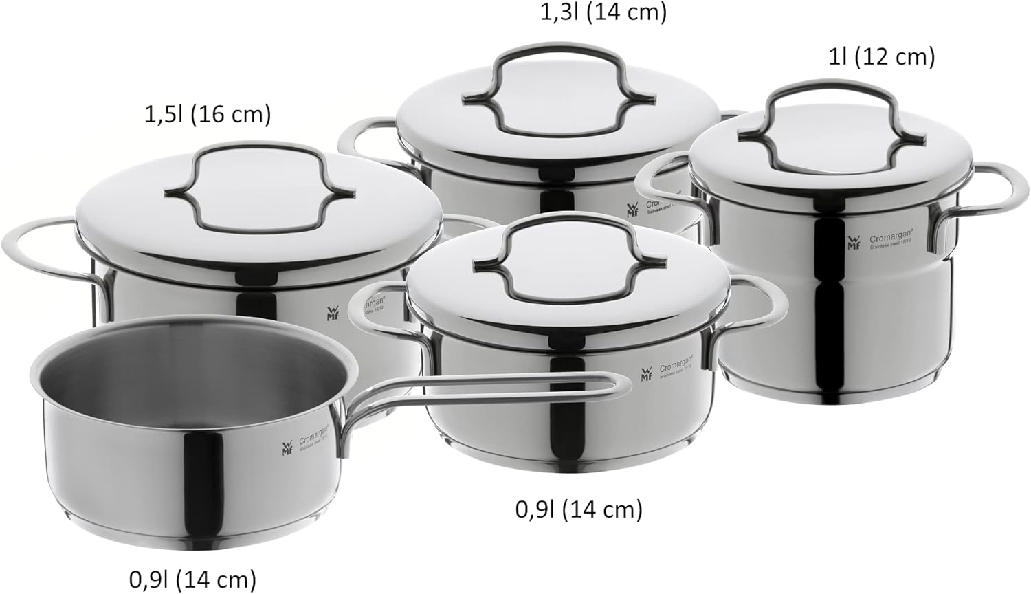 WMF Mini - Batería de Cocina 5 Piezas, Acero Inoxidable Apto para Inducción, 2 Cacerola Baja de 12 cm y 14 cm, 2 Cacerolas Altas de 14 cm y 16 cm , 1 Cazo 14 cm con 4 Tapas de Acero, Apilables