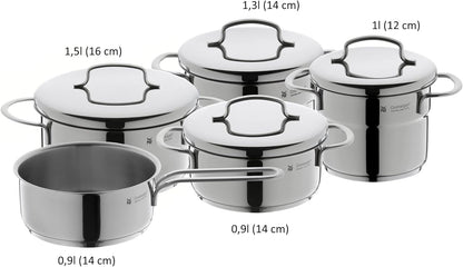 WMF Mini - Batería de Cocina 5 Piezas, Acero Inoxidable Apto para Inducción, 2 Cacerola Baja de 12 cm y 14 cm, 2 Cacerolas Altas de 14 cm y 16 cm , 1 Cazo 14 cm con 4 Tapas de Acero, Apilables