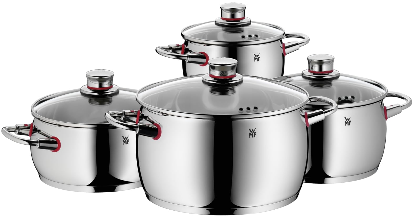 WMF Quaity One - Batería de Cocina 4 Piezas, Acero Inoxidable Apto para Inducción, 3 Cacerolas Altas de 16 cm, 20 cm y 24 cm, 1 Cazo 16 cm con 3 Tapas de Cristal