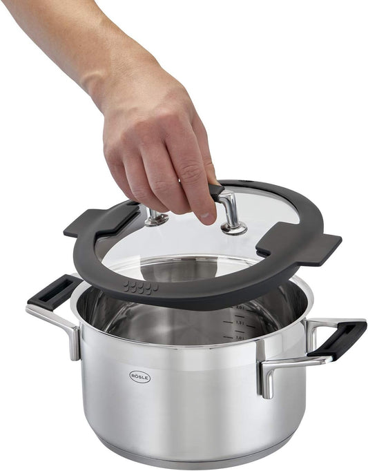 RÖSLE SILENCE PRO Batería de Cocina de 4 piezas, Juego de Ollas Universal con 3 Ollas y 1 Cacerola, Acero Inoxidable 18/10, Tapa de Cristal Apto para Inducción y Lavavajillas