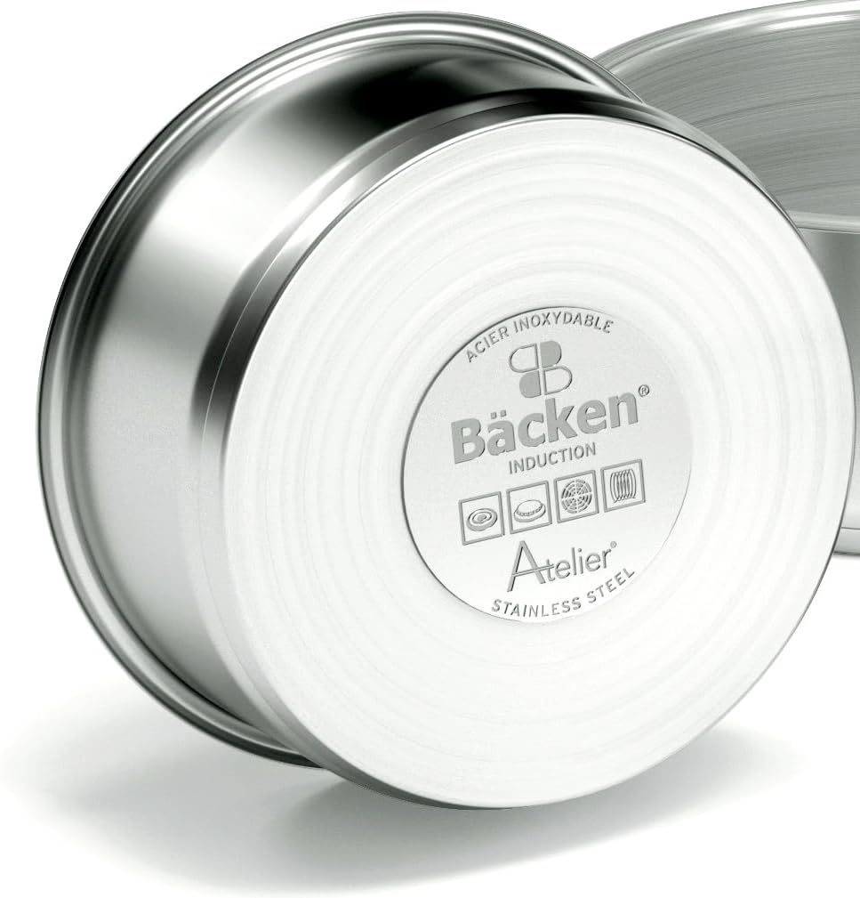 Backen 199911, juego de cocina, 11 piezas, asas desmontables, tapas de vidrio, inducción, acero inoxidable, revestimiento antiadherente, apilable, apto para lavavajillas, garantía 5 años.