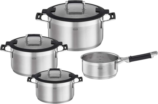 RÖSLE SILENCE PRO Batería de Cocina de 4 piezas, Juego de Ollas Universal con 3 Ollas y 1 Cacerola, Acero Inoxidable 18/10, Tapa de Cristal Apto para Inducción y Lavavajillas