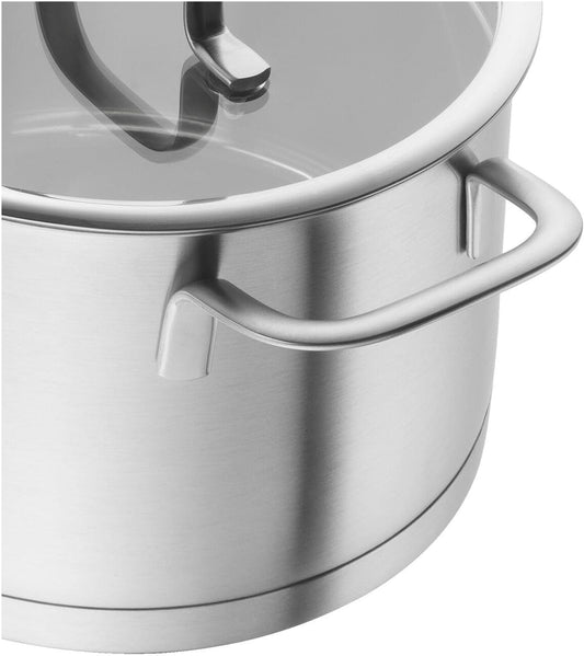 ZWILLING TrueFlow - Batería de cocina (5 piezas, con colador integrado en la tapa de cristal, apta para inducción, sin revestimiento, acero inoxidable)