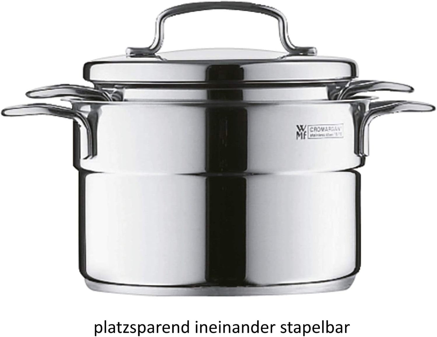 WMF Mini - Batería de Cocina 5 Piezas, Acero Inoxidable Apto para Inducción, 2 Cacerola Baja de 12 cm y 14 cm, 2 Cacerolas Altas de 14 cm y 16 cm , 1 Cazo 14 cm con 4 Tapas de Acero, Apilables