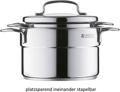 WMF Mini - Batería de Cocina 5 Piezas, Acero Inoxidable Apto para Inducción, 2 Cacerola Baja de 12 cm y 14 cm, 2 Cacerolas Altas de 14 cm y 16 cm , 1 Cazo 14 cm con 4 Tapas de Acero, Apilables
