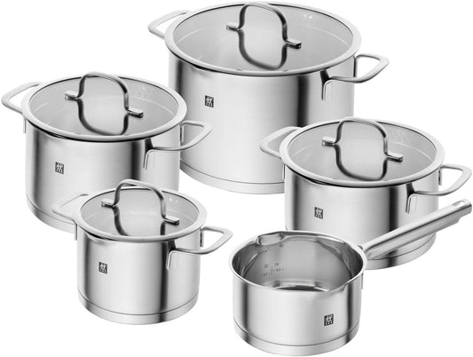 ZWILLING TrueFlow - Batería de cocina (5 piezas, con colador integrado en la tapa de cristal, apta para inducción, sin revestimiento, acero inoxidable)
