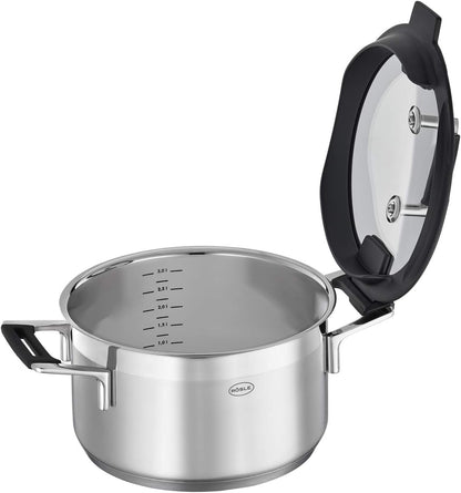 RÖSLE SILENCE PRO Batería de Cocina de 4 piezas, Juego de Ollas Universal con 3 Ollas y 1 Cacerola, Acero Inoxidable 18/10, Tapa de Cristal Apto para Inducción y Lavavajillas