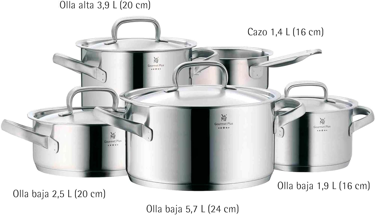 WMF Gourmet Plus - Batería de Cocina 5 Piezas, Acero Inoxidable Apto para Inducción, 1 Cacerola Baja de 20 cm, 3 Cacerolas Altas de 16 cm, 20 cm y 24 cm, 1 Cazo 16 cm con 4 Tapas de Acero Inoxidable