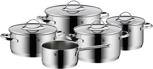WMF Aparto - Juego de cacerolas para inducción (5 piezas, con tapa de cristal, acero inoxidable Cromargan pulido, sin recubrimiento, aptas para todo tipo de fuegos, sin escala, apto para lavavajillas)