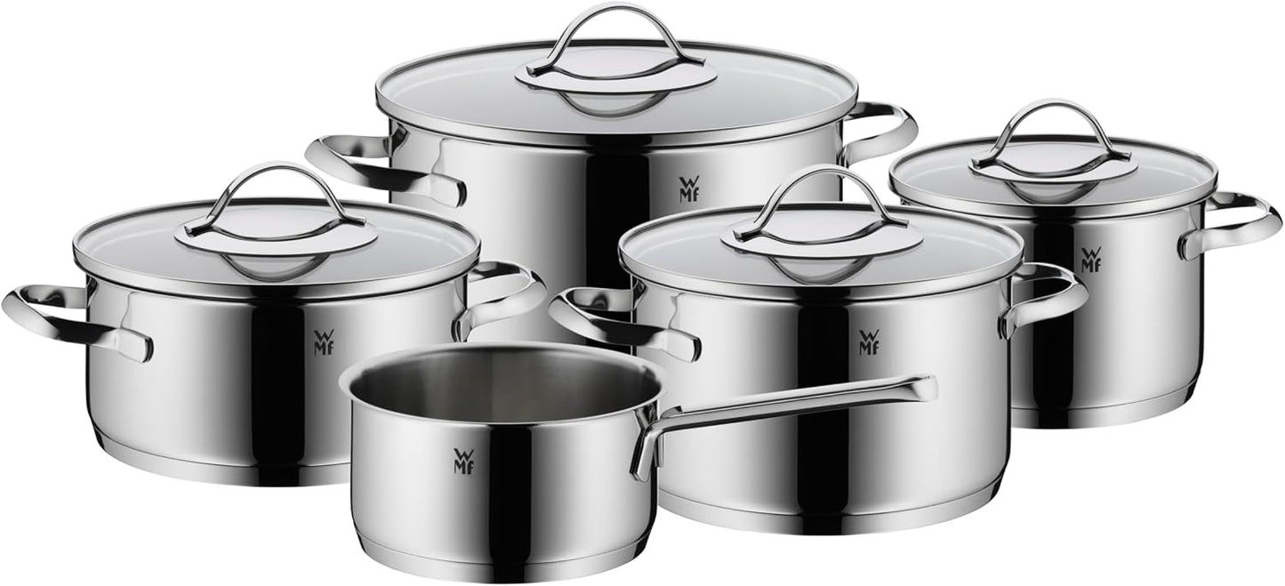 WMF Aparto - Juego de cacerolas para inducción (5 piezas, con tapa de cristal, acero inoxidable Cromargan pulido, sin recubrimiento, aptas para todo tipo de fuegos, sin escala, apto para lavavajillas)