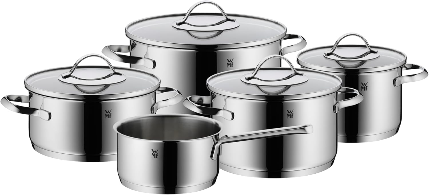 WMF Aparto - Juego de cacerolas para inducción (5 piezas, con tapa de cristal, acero inoxidable Cromargan pulido, sin recubrimiento, aptas para todo tipo de fuegos, sin escala, apto para lavavajillas)