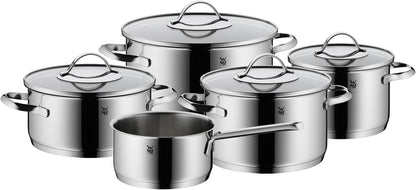 WMF Aparto - Juego de cacerolas para inducción (5 piezas, con tapa de cristal, acero inoxidable Cromargan pulido, sin recubrimiento, aptas para todo tipo de fuegos, sin escala, apto para lavavajillas)