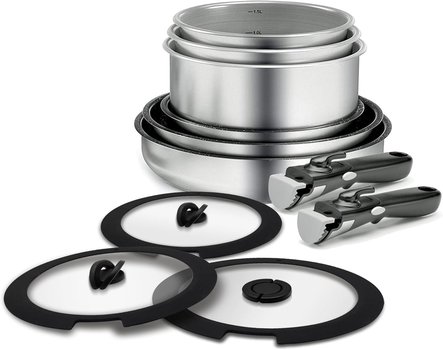 Backen 199911, juego de cocina, 11 piezas, asas desmontables, tapas de vidrio, inducción, acero inoxidable, revestimiento antiadherente, apilable, apto para lavavajillas, garantía 5 años.