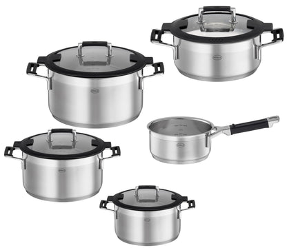 RÖSLE SILENCE PRO Batería de Cocina de 4 piezas, Juego de Ollas Universal con 3 Ollas y 1 Cacerola, Acero Inoxidable 18/10, Tapa de Cristal Apto para Inducción y Lavavajillas