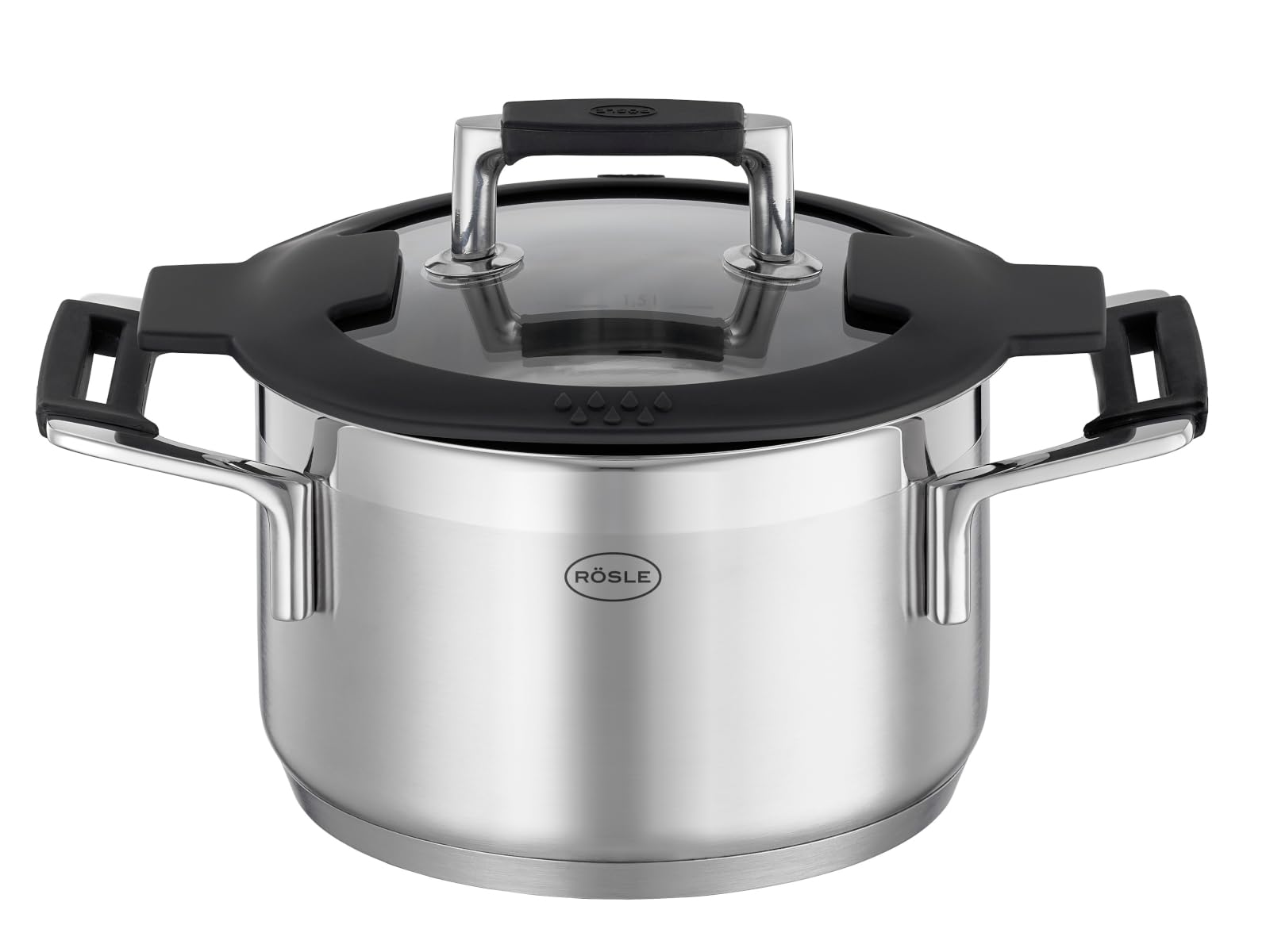 RÖSLE SILENCE PRO Batería de Cocina de 4 piezas, Juego de Ollas Universal con 3 Ollas y 1 Cacerola, Acero Inoxidable 18/10, Tapa de Cristal Apto para Inducción y Lavavajillas