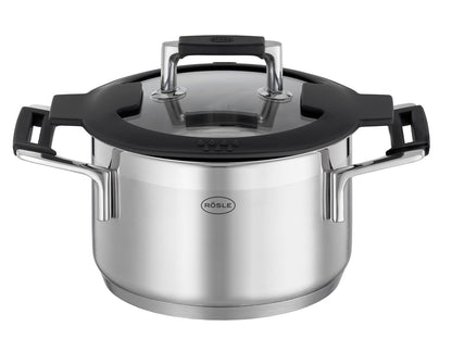RÖSLE SILENCE PRO Batería de Cocina de 4 piezas, Juego de Ollas Universal con 3 Ollas y 1 Cacerola, Acero Inoxidable 18/10, Tapa de Cristal Apto para Inducción y Lavavajillas