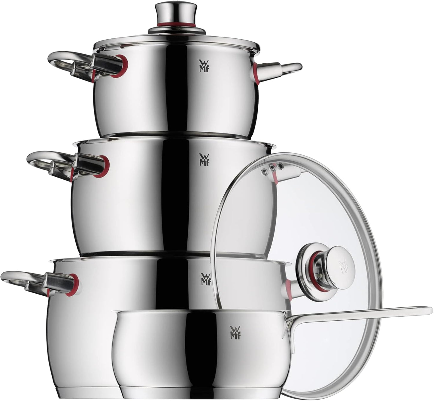 WMF Quaity One - Batería de Cocina 4 Piezas, Acero Inoxidable Apto para Inducción, 3 Cacerolas Altas de 16 cm, 20 cm y 24 cm, 1 Cazo 16 cm con 3 Tapas de Cristal
